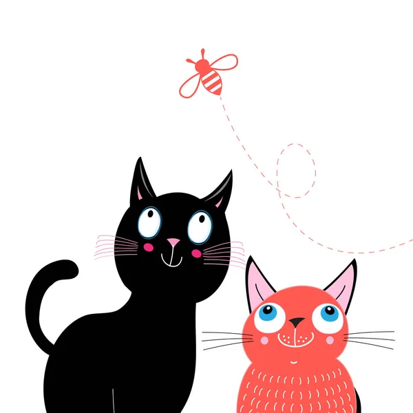 Vtipné pohlednice s kočkami a včela — Stockový vektor