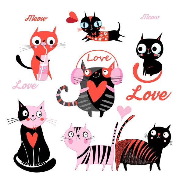 Conjunto de vetores de gatos amorosos engraçados —  Vetores de Stock