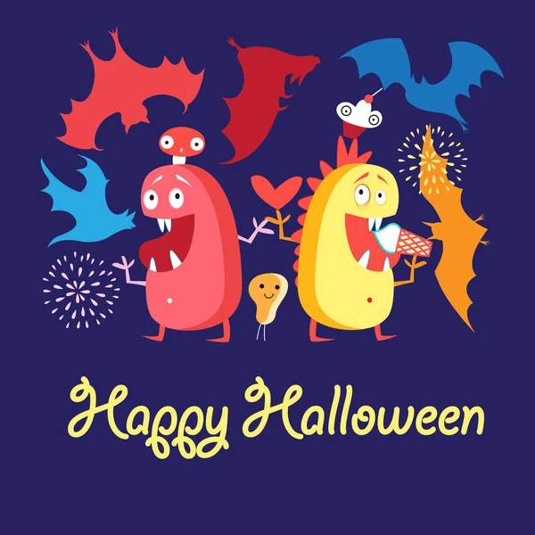 Mostri e pipistrelli ad Halloween — Vettoriale Stock