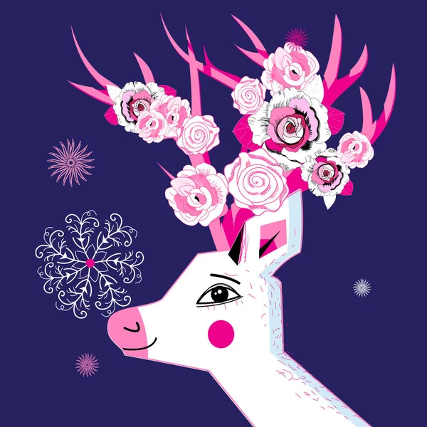 Cartão postal com um retrato de um veado e rosas —  Vetores de Stock