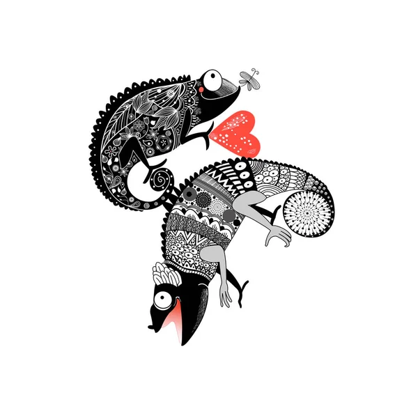Vector drawing in love ornamental chameleon — Stock Vector