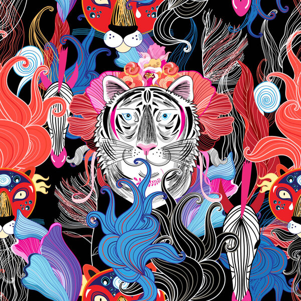 Seamless bright floral pattern of wild beasts