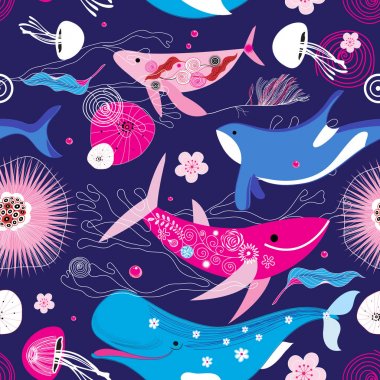 Vibrant vector pattern of different whales clipart