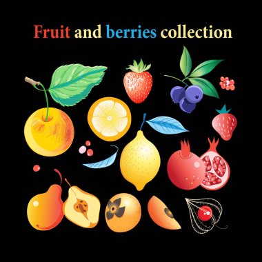 Vektör kümesi parlak lezzetli meyve ve çilek 