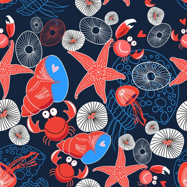 Naadloze grafisch mariene patroon verliefd krabben — Stockvector