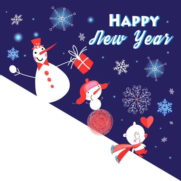 Christmas greeting card with funny snowmen — Stock Vector