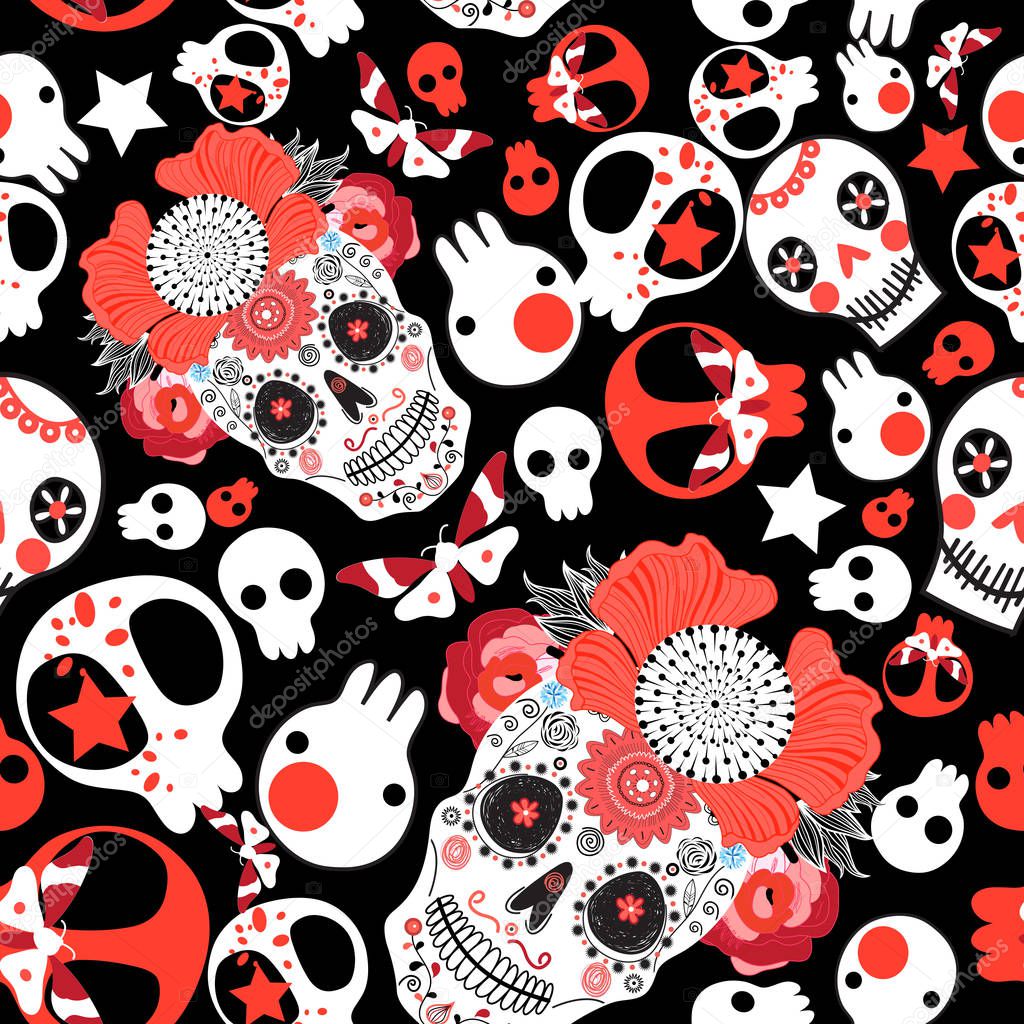 Festive pattern of cheerful skulls
