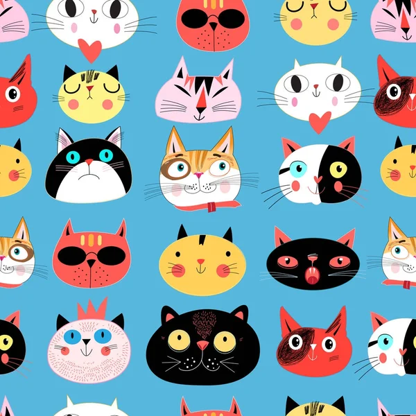 Vector bright seamless pattern of multi-colored cat portraits — Stock Vector