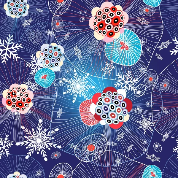 Abstracte winter patroon met sneeuwvlokken en fantastische elementen — Stockvector