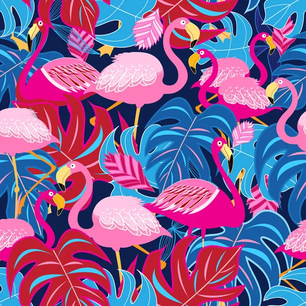 Gyönyörű fényes trópusi minta rózsaszín flamingók — Stock Vector