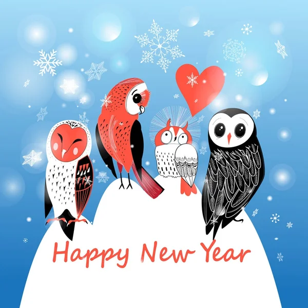 Cartão postal festivo de inverno com corujas —  Vetores de Stock
