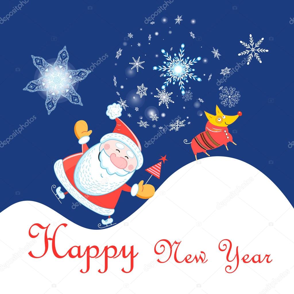 New Year celebration card with Santa Claus and dog