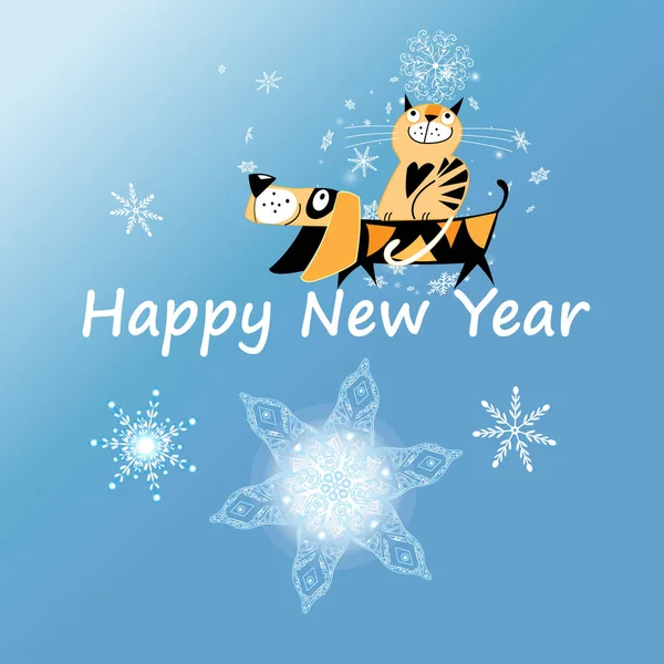 New Year greeting card with dog and cat — Stock Vector