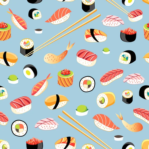 Seamless bright pattern with different sushi — Stock Vector