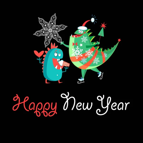 Winter card with a cheerful New Years dinosaur — Stock Vector