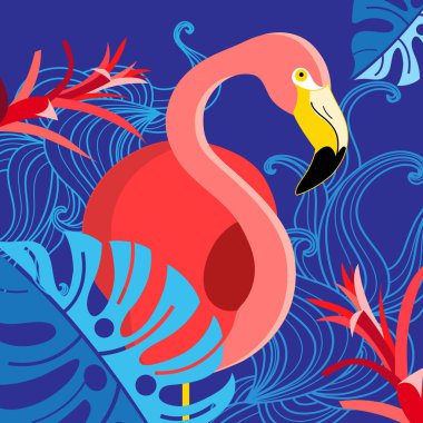 Tropikal illüstrasyon kırmızı bir flamingo portresi ile