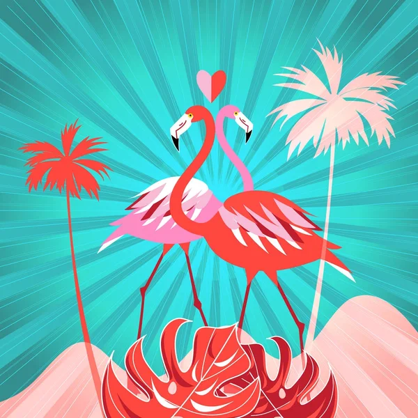 Тропічний фон з пальмами та фламінго — стоковий вектор