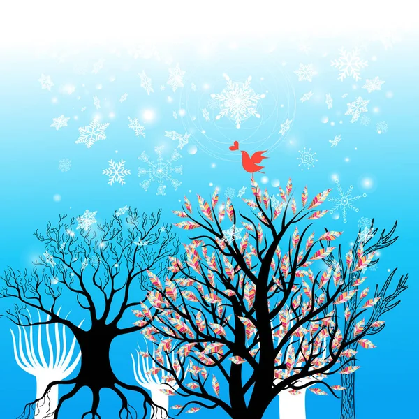 Beautiful winter background with trees and snowflakes — Stock Vector