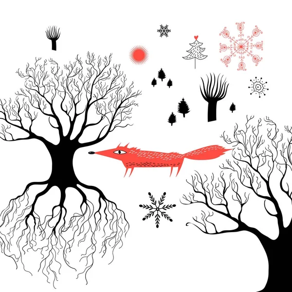 Grafis musim dingin dengan rubah merah - Stok Vektor