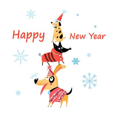Köpeklerle neşeli yeni yıl kartı 