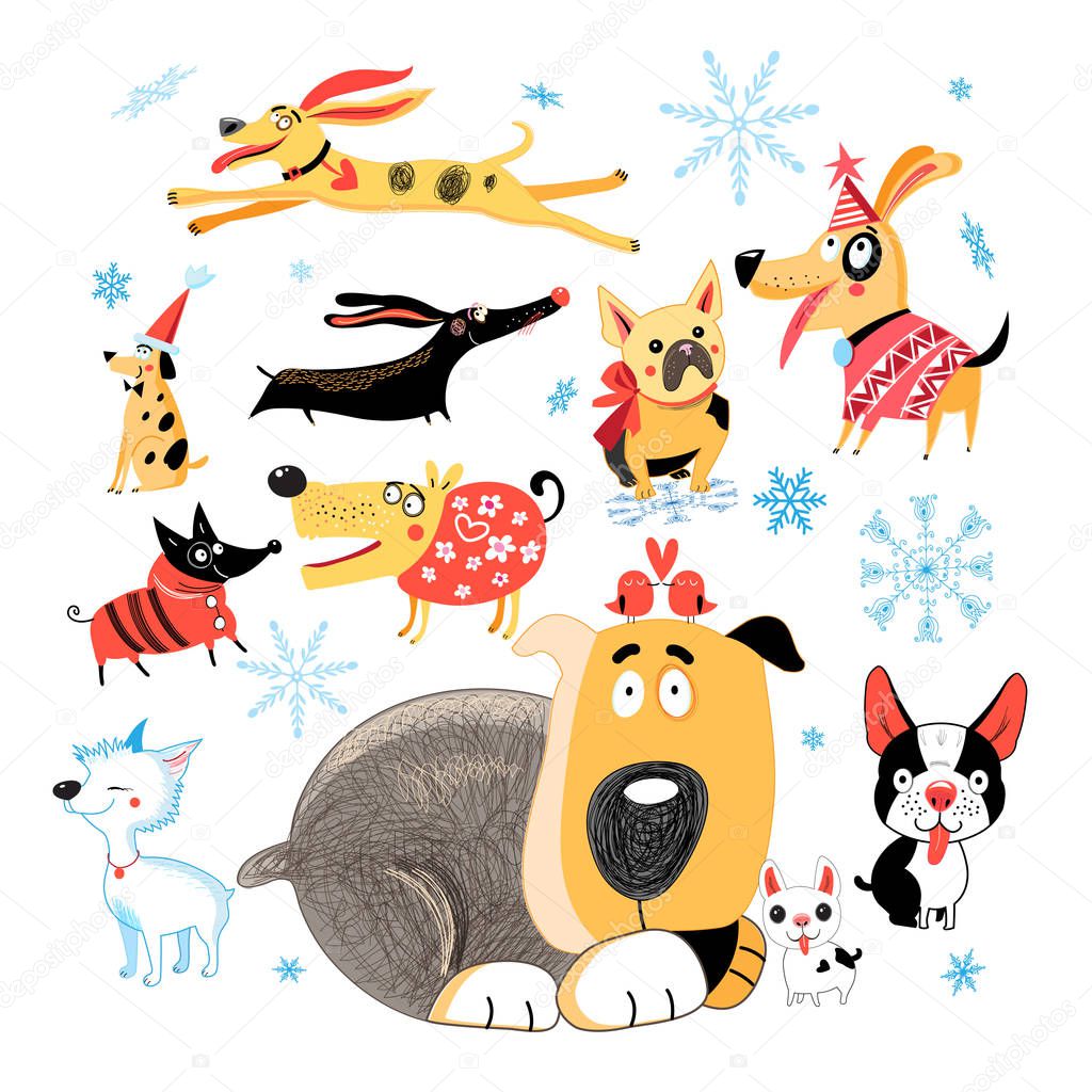 Vector New Year set of different funny dogs 