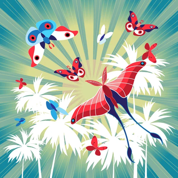 Carte d'été lumineuse avec palmiers et papillons — Image vectorielle