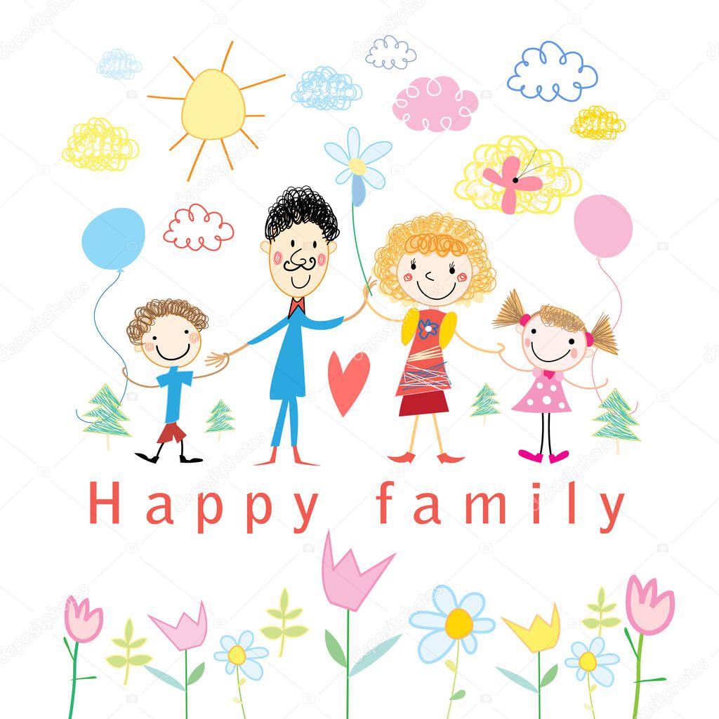 Cartoon baby drawing happy family