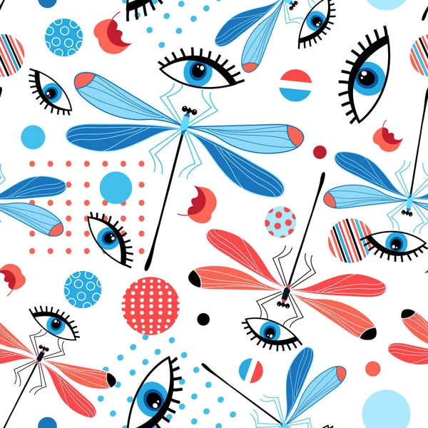 无缝明亮的蜻蜓图案和眼睛 — 图库矢量图片