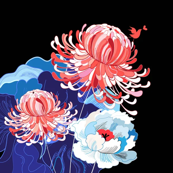 Vector floral cartão de saudação feriado com amor birdie — Vetor de Stock