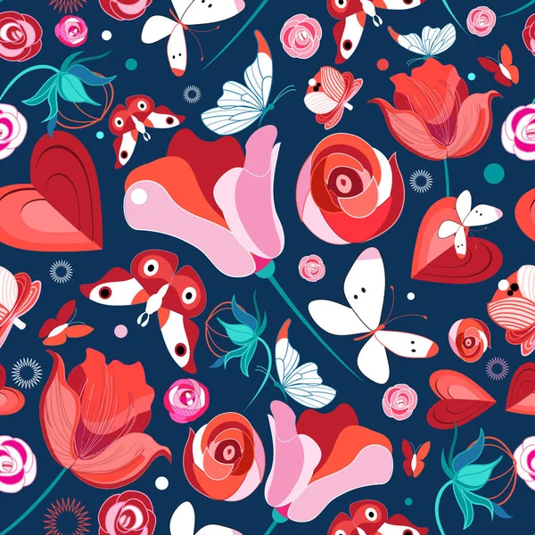 花のパターンと蝶 — ストックベクタ