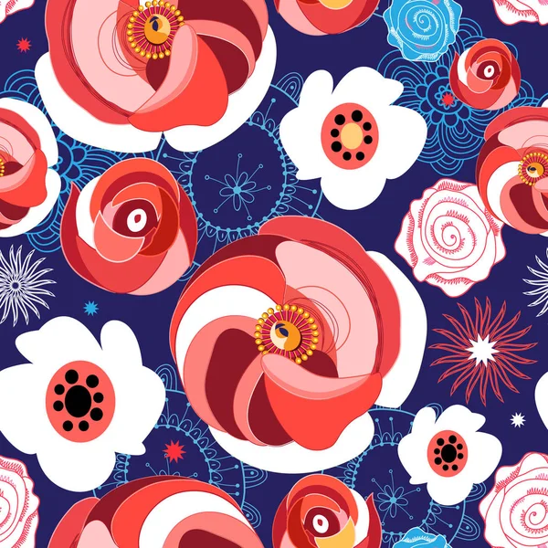 シームレスな夏バラの花柄 — ストックベクタ