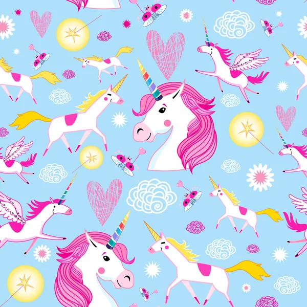 Seamless funny pattern from unicorns — Stock Vector