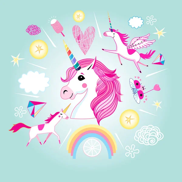 Conjunto de dibujos animados vectoriales de unicornios y objetos fabulosos . — Vector de stock