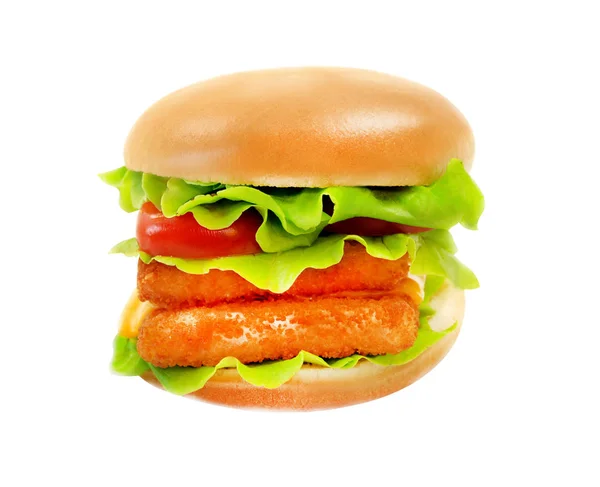 Fotos gran hamburguesa sabrosa con pescado — Foto de Stock