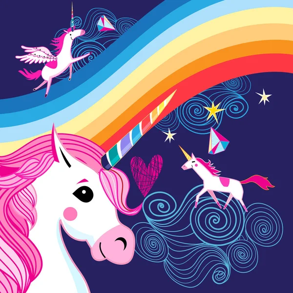 Cartel luminoso vectorial con arco iris y unicornios — Vector de stock