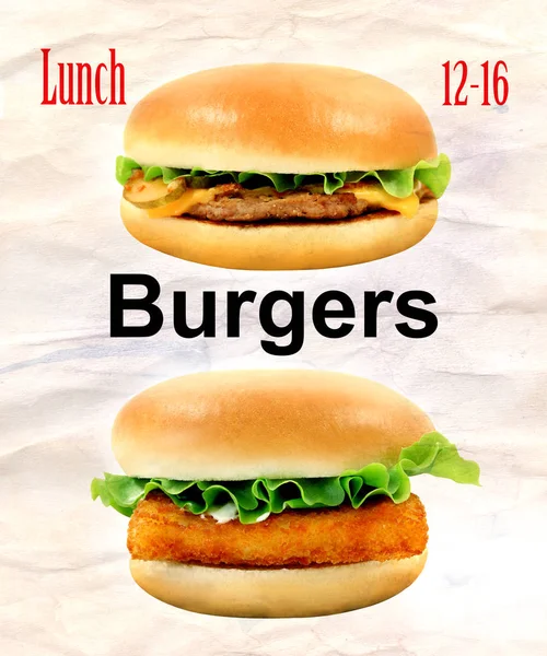 Fotografie velké chutné burger s rybami a cheeseburger — Stock fotografie
