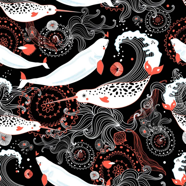 Бесшовный морской узор с красивыми китами — стоковый вектор
