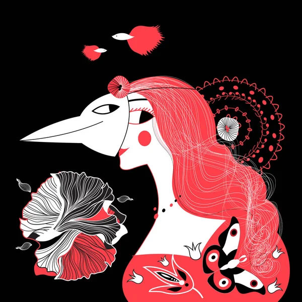 Portret grafic vectorial al unei fete frumoase într-o mască de pasăre — Vector de stoc