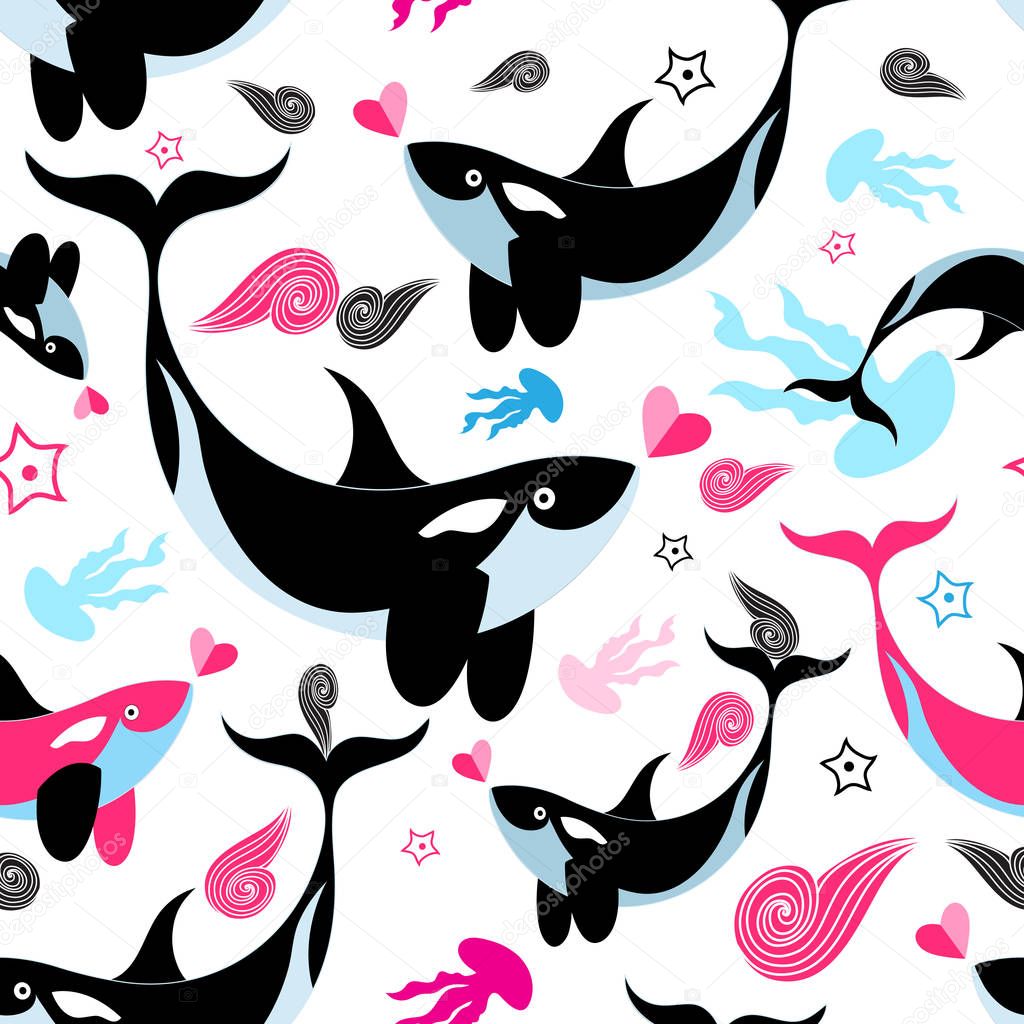 Seamless sea pattern enamored whales