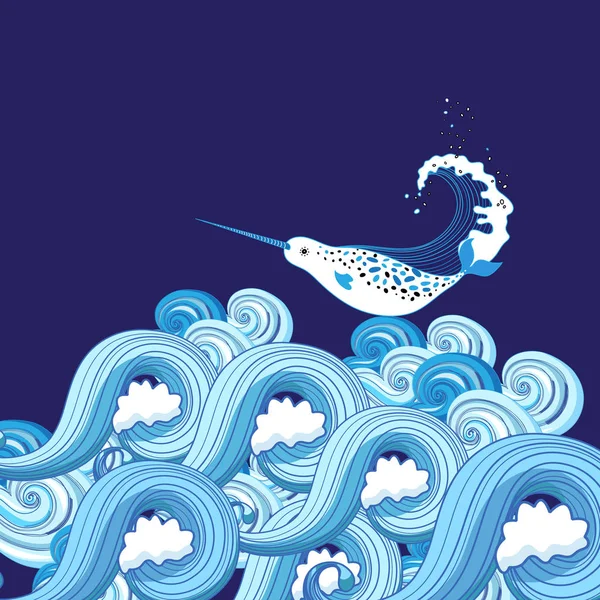 Fond vectoriel des vagues de mer et une baleine — Image vectorielle