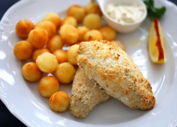 Foto de um prato de peixe macro com batatas — Fotografia de Stock