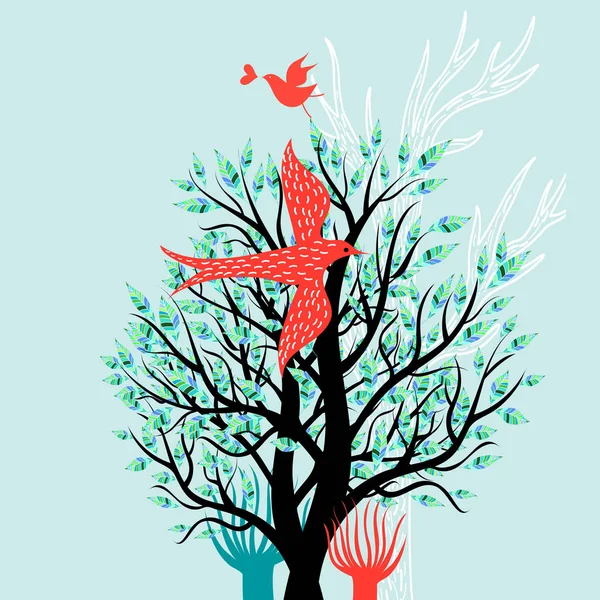 Illustration d'un arbre de printemps et d'oiseaux amoureux — Image vectorielle