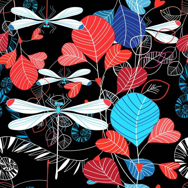 Yaz yaprakları ve yusufçuk Dikişsiz desen çizimi — Stok Vektör