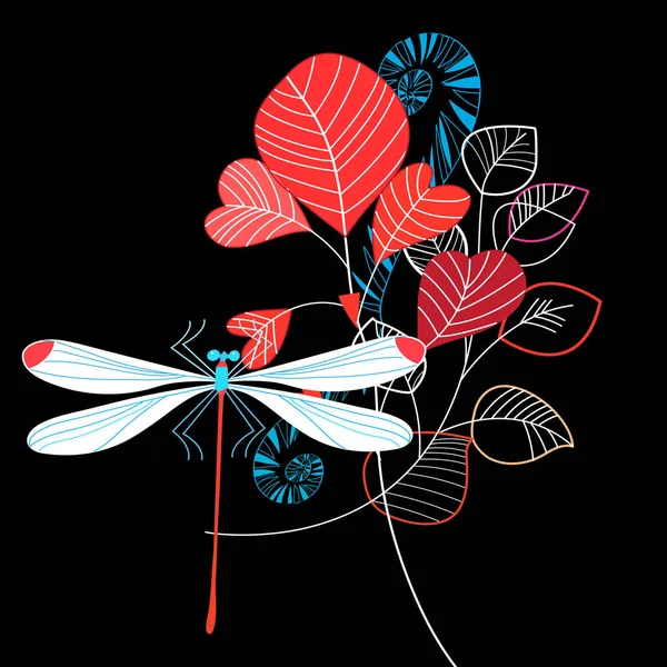 Vivid illustration of summer leaves and dragonfly — Stock Vector