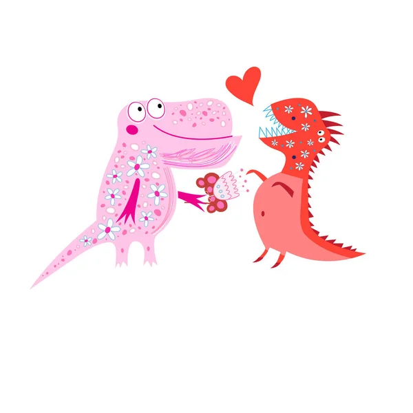 Bright cheerful card with loving dinosaurs — Stock Vector