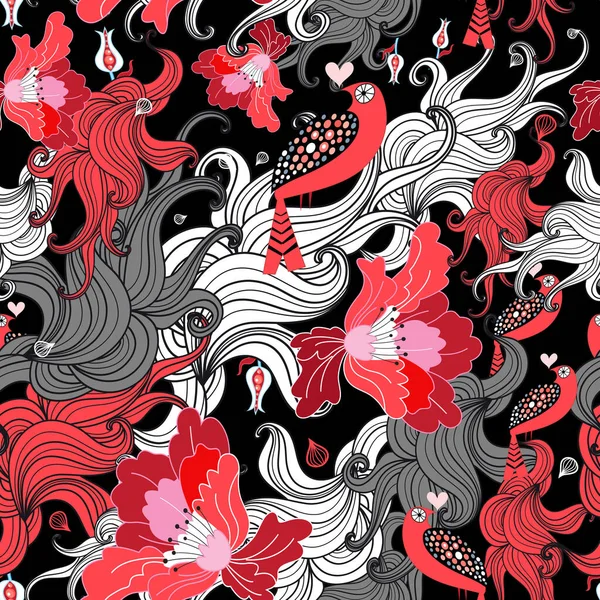 Magnifique motif floral sans couture avec les amoureux oiseaux — Image vectorielle