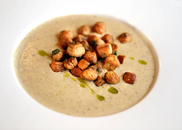 Photo of delicious mushroom soup with croutons — Stock Image Photo of delicious mushroom soup with croutons Stock Photo