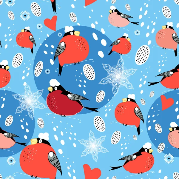 Seamless Christmas pattern of red bullfinches — Stock Vector