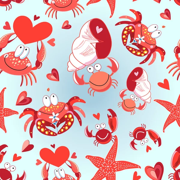 Sömlösa ljusa mönster av kärleksfulla krabbor med hjärtan — Stock vektor