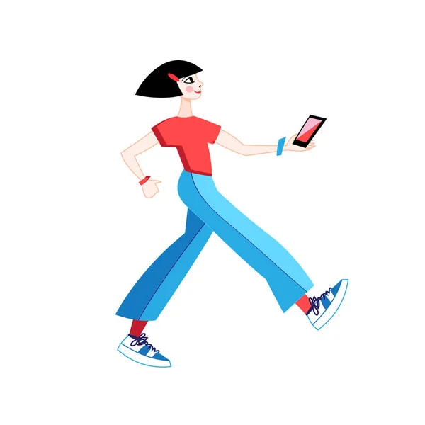 Vector chica caminando con el teléfono sobre fondo blanco . — Vector de stock